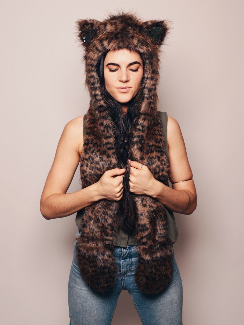 Woman wearing faux fur Collector Edition Savannah Cat SpiritHood, front view 2