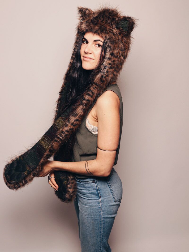 Woman wearing faux fur Collector Edition Savannah Cat SpiritHood, side view
