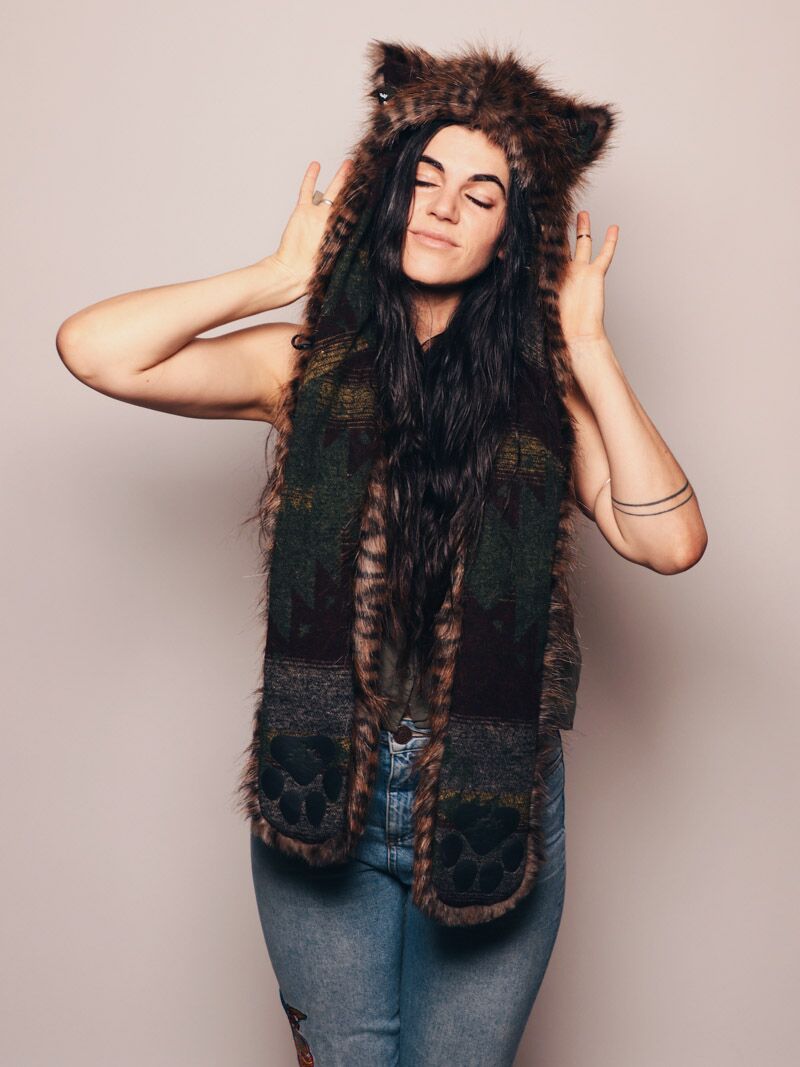 Woman wearing faux fur Collector Edition Savannah Cat SpiritHood