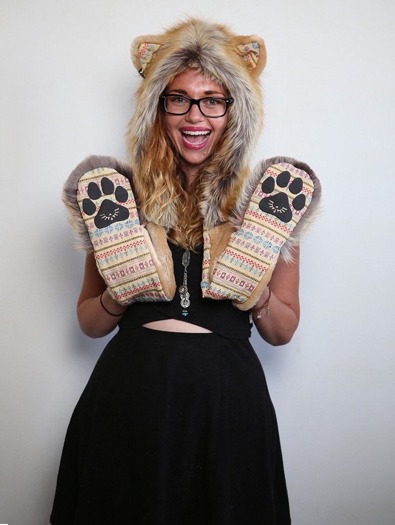 Woman wearing faux fur Cecil The Lion Collectors Edition SpiritHood