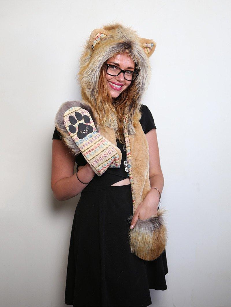 Woman wearing faux fur Cecil The Lion Collectors Edition SpiritHood