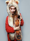 Woman wearing faux fur Cecil The Lion 2.0 Collectors Edition, front view 1