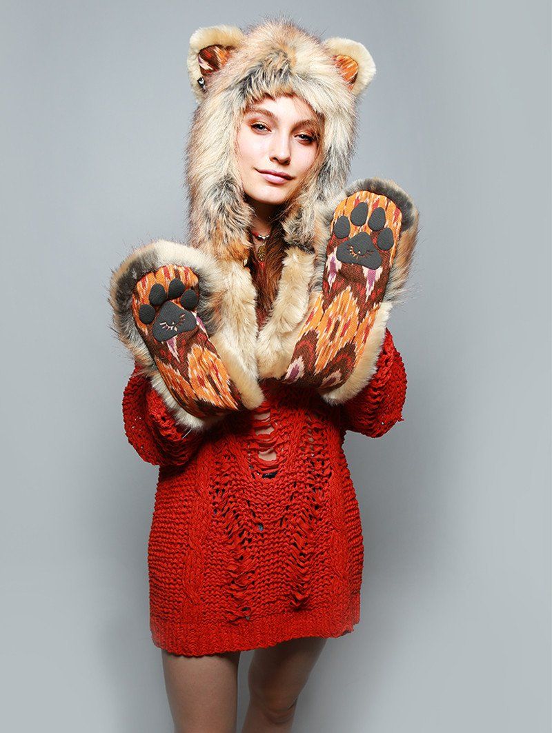 Woman wearing faux fur Cecil The Lion 2.0 Collectors Edition, front view