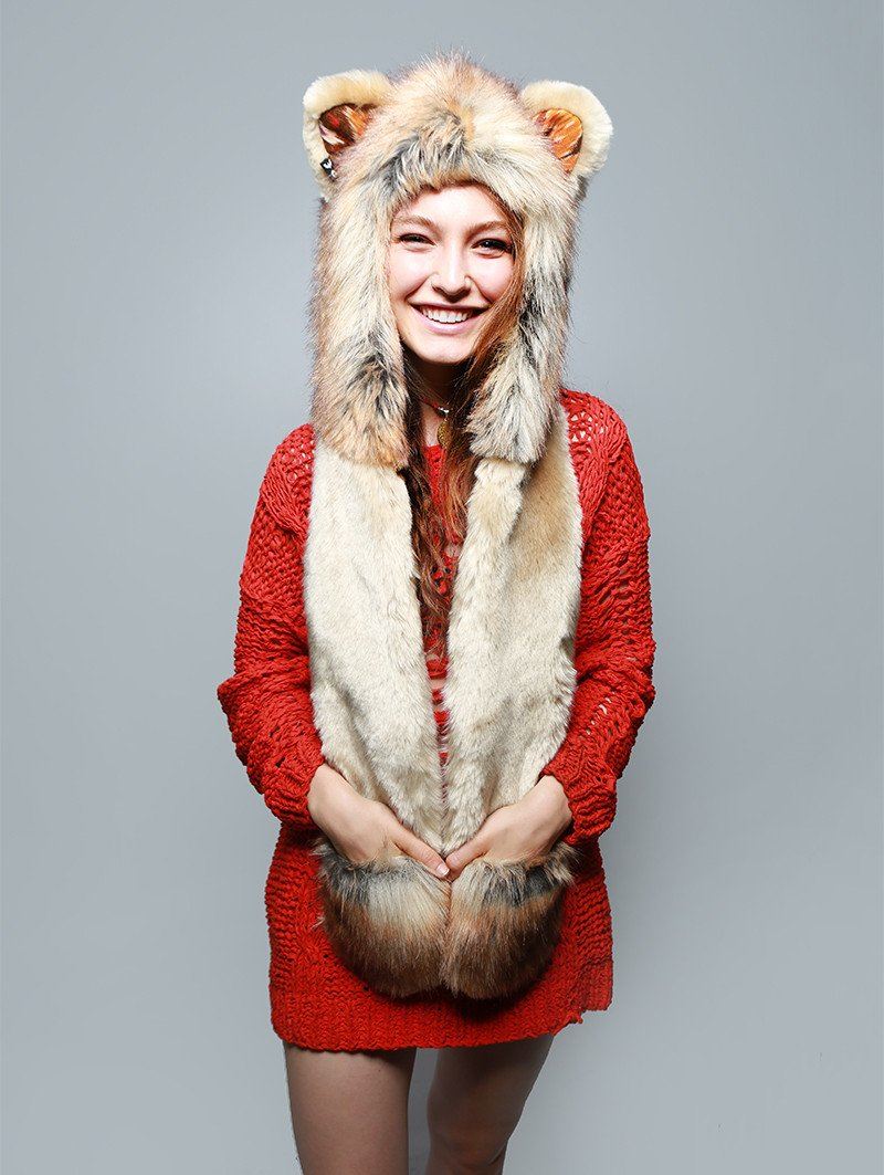 Woman wearing faux fur Cecil The Lion 2.0 Collectors Edition, front view 4