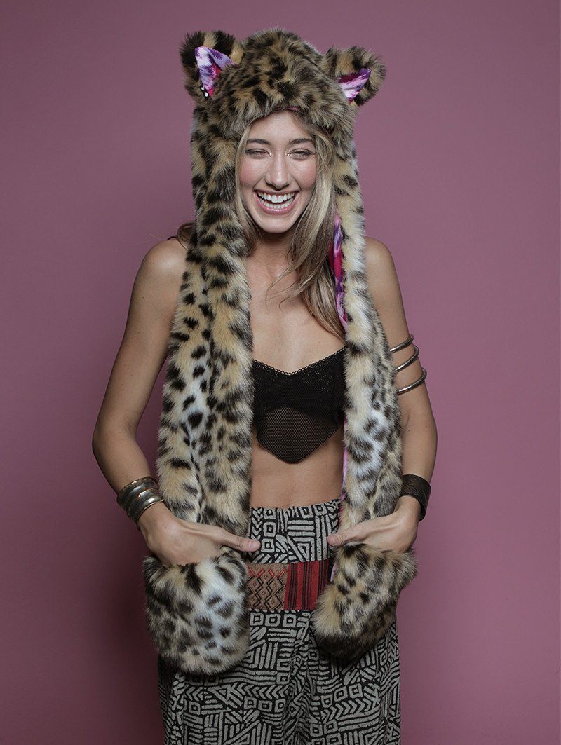 Woman wearing faux fur Cheetah LOVE SpiritHood, front view 4