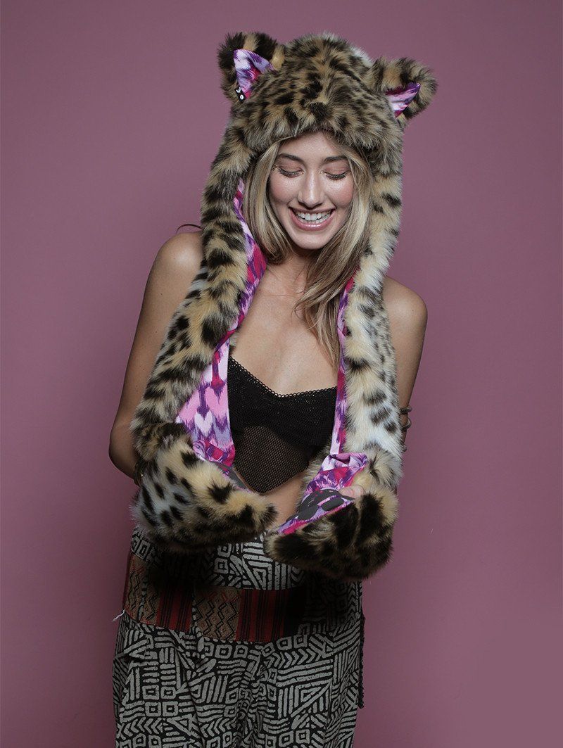 Woman wearing faux fur Cheetah LOVE SpiritHood, front view 2