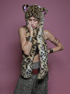 Woman wearing faux fur Cheetah LOVE SpiritHood, front view 6