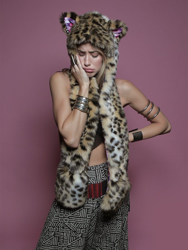 Woman wearing faux fur Cheetah LOVE SpiritHood, front view 6
