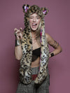 Woman wearing faux fur Cheetah LOVE SpiritHood, front view 5