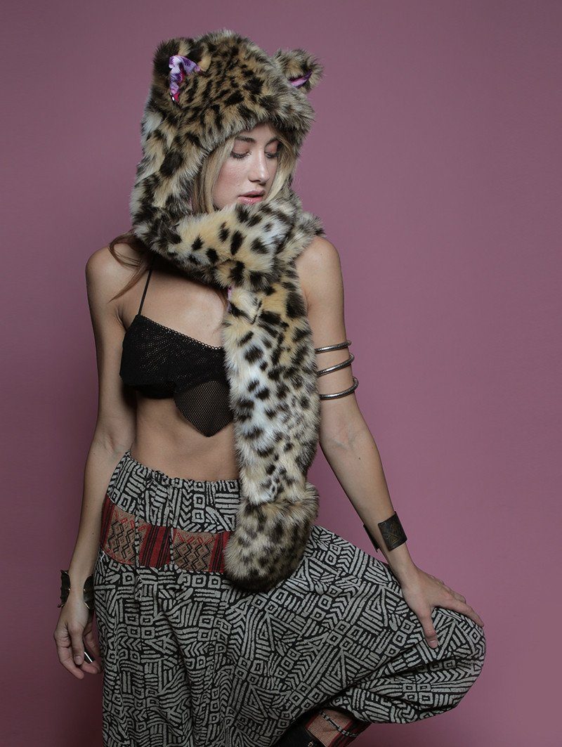 Woman wearing faux fur Cheetah LOVE SpiritHood, front view 3