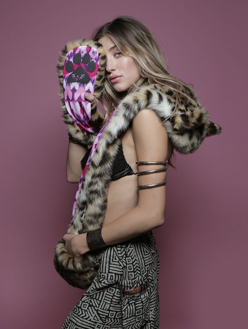 Woman wearing faux fur Cheetah LOVE SpiritHood, side view 1