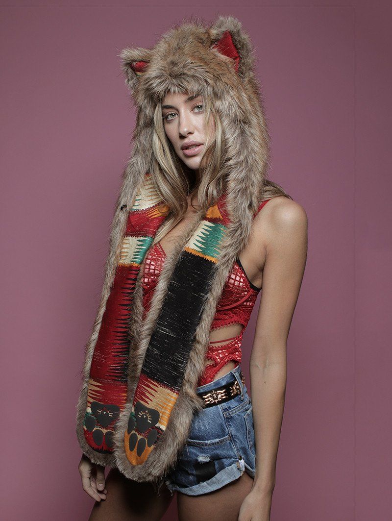 Woman wearing Coyote CE Faux Fur SpiritHood, side view 1