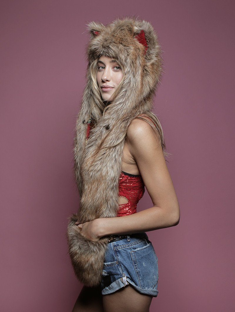 Woman wearing Coyote CE Faux Fur SpiritHood, side view 3
