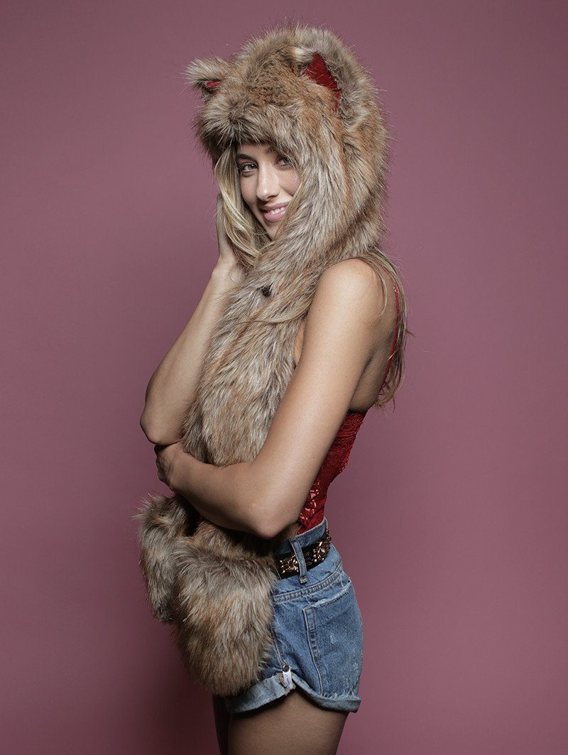 Woman wearing Coyote CE Faux Fur SpiritHood, side view