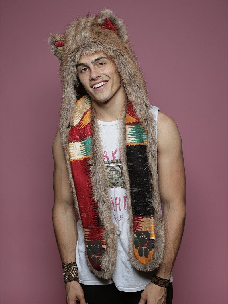 Man wearing faux fur Coyote CE SpiritHood, front view 2