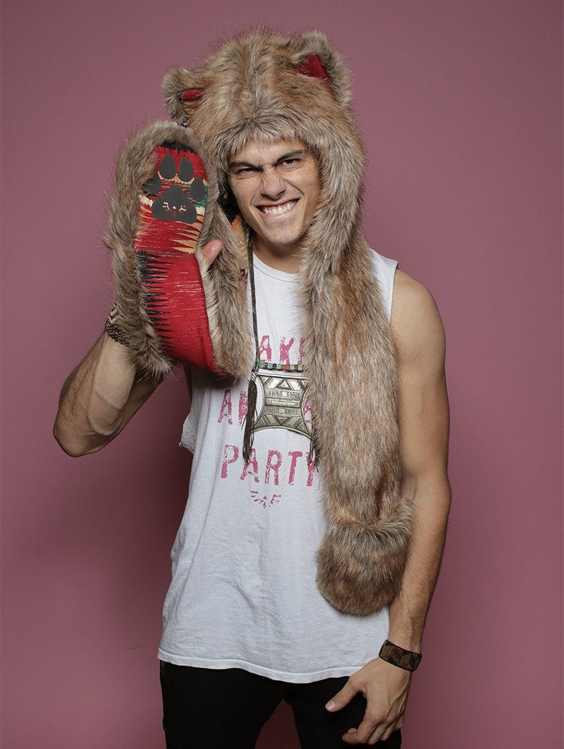Man wearing faux fur Coyote CE SpiritHood, front view 4