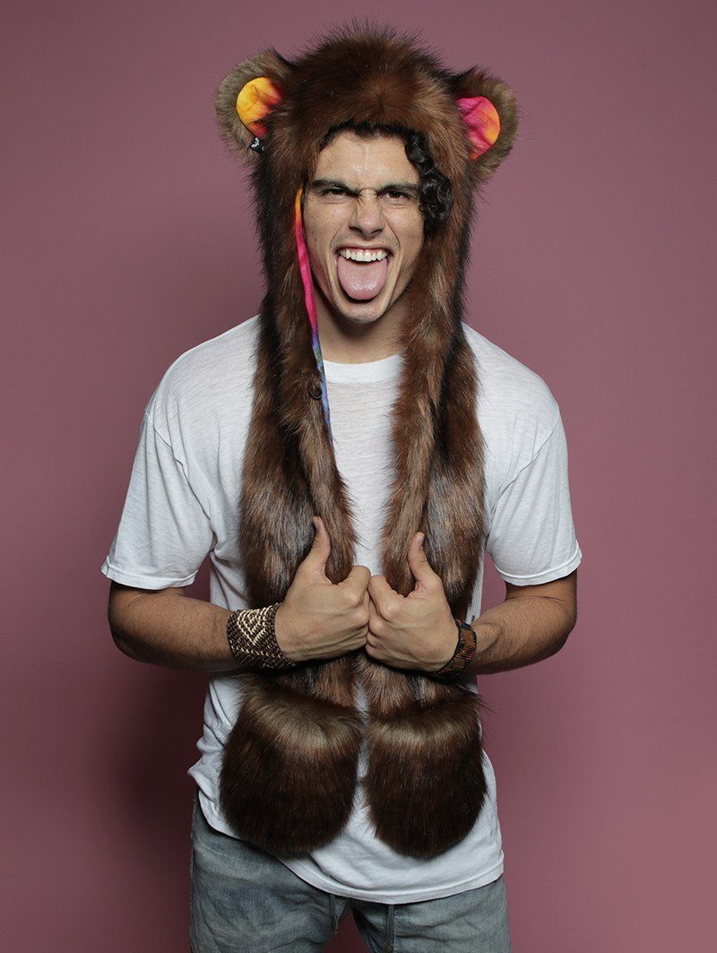 Man wearing faux fur Golden Rainbow Bear CE SpiritHood