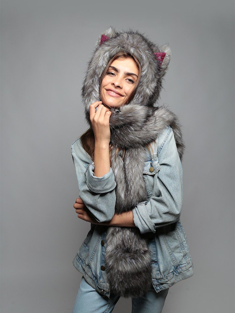 Woman wearing faux fur Charcoal Fox Italy SpiritHood, front view 3
