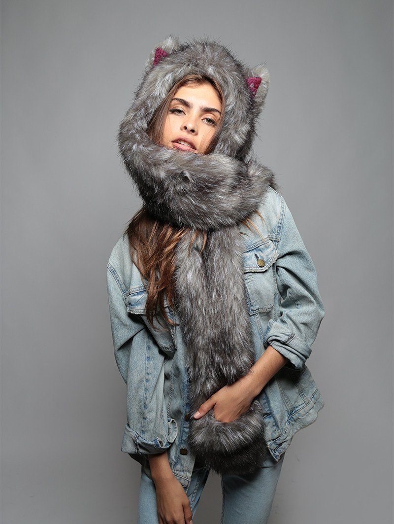 Woman wearing faux fur Charcoal Fox Italy SpiritHood, front view