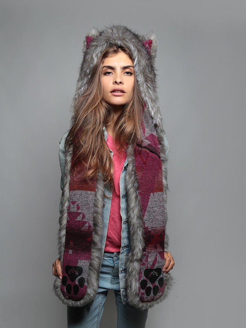Woman wearing faux fur Charcoal Fox Italy SpiritHood