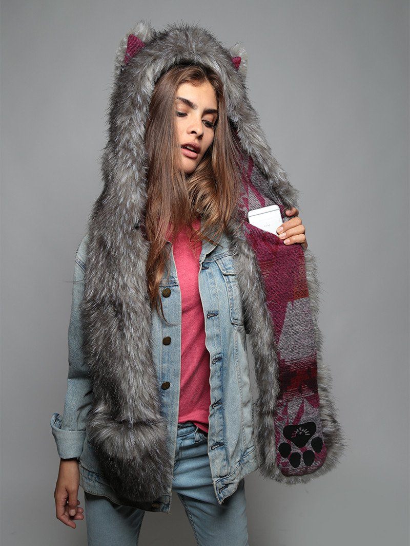 Woman wearing faux fur Charcoal Fox Italy SpiritHood, front view 2