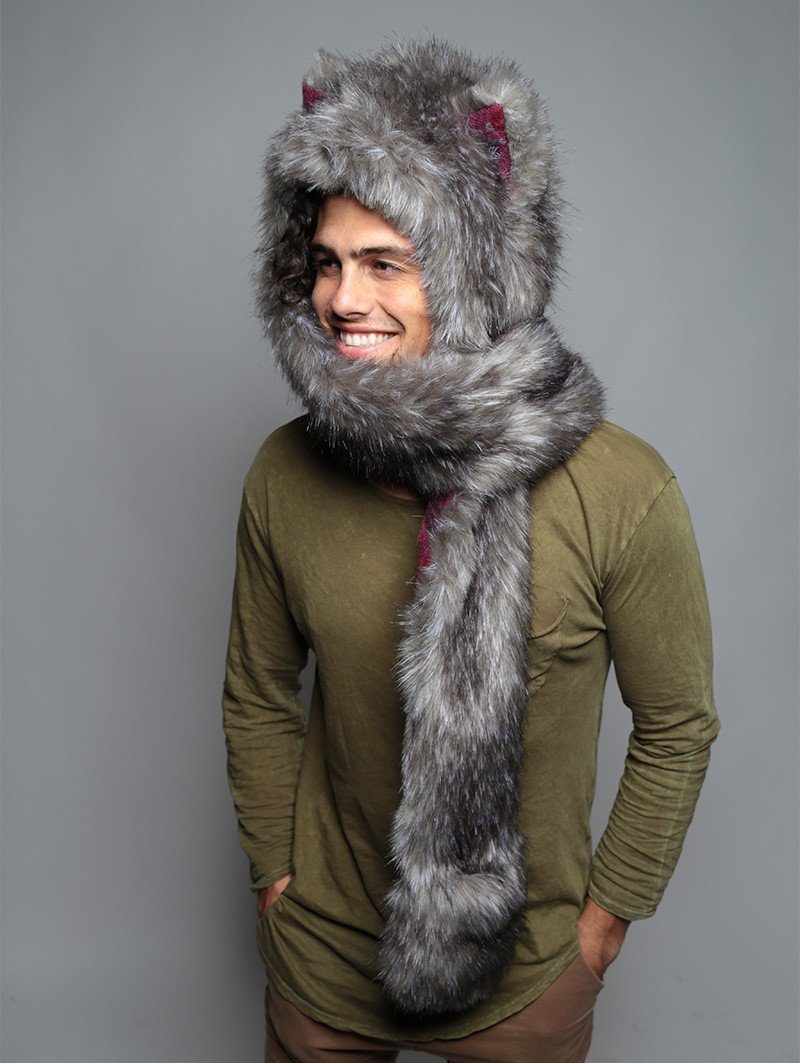 Man wearing faux fur Charcoal Fox Italy SpiritHood, side view 2