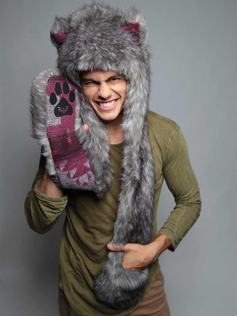 Man wearing faux fur Charcoal Fox Italy SpiritHood, front view 1