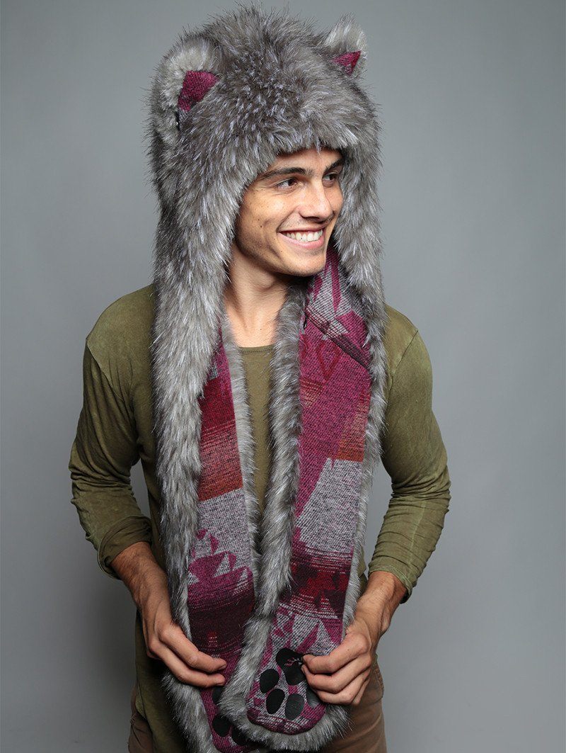 Man wearing faux fur Charcoal Fox Italy SpiritHood, front view 1