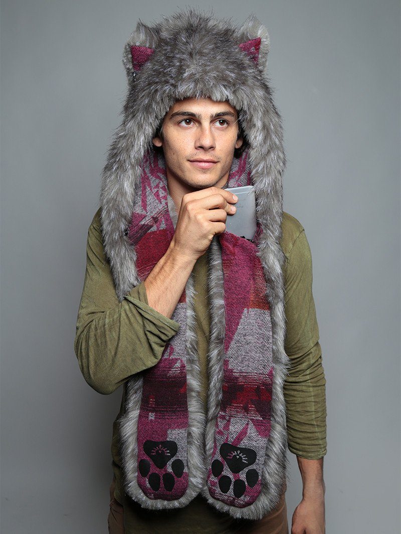 Man wearing faux fur Charcoal Fox Italy SpiritHood, front view 2