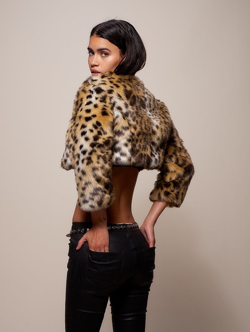 Woman Wearing Hoodless Cheetah Faux Fur Crop 