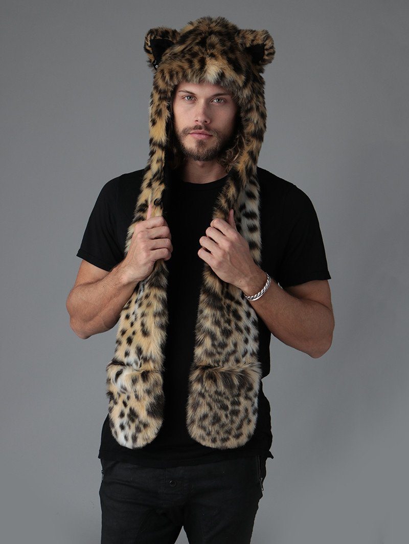Man wearing faux fur Cheetah SpiritHood, front view 1