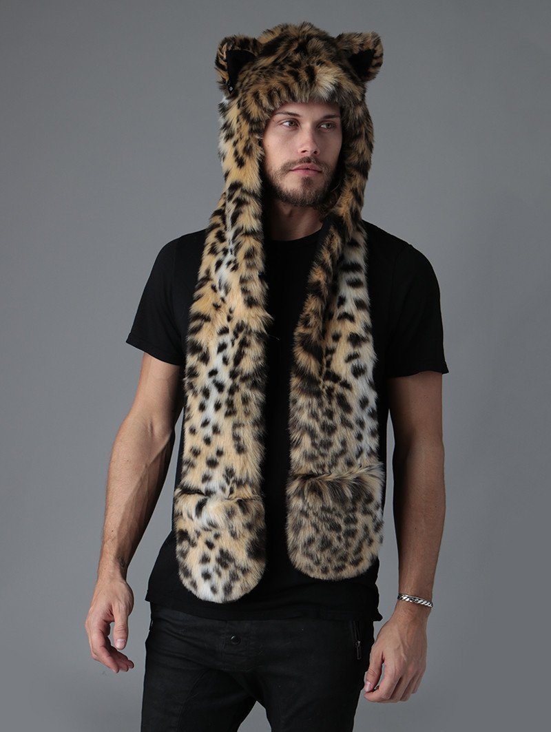 Man wearing faux fur Cheetah SpiritHood, front view 3