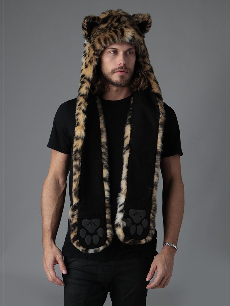 Man wearing faux fur Cheetah SpiritHood, front view 5