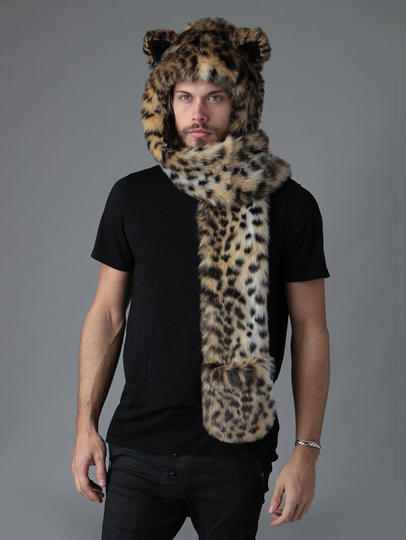 Man wearing faux fur Cheetah SpiritHood, front view 1