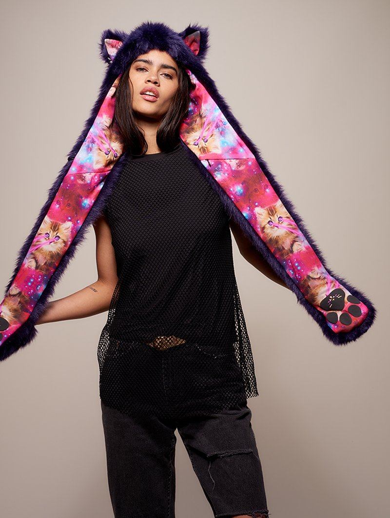 Hooded Faux Fur with Cats in Space: Laser Eyes Design