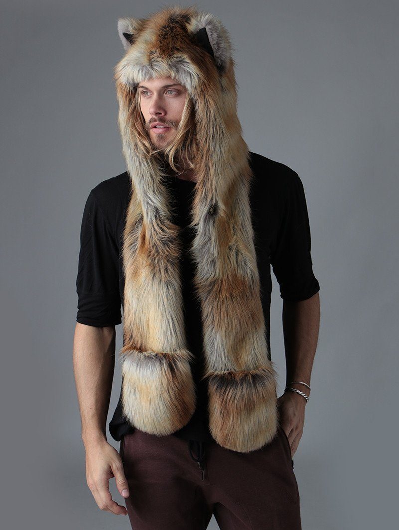 Man wearing faux fur Cosmic Fox SpiritHood, front view 1
