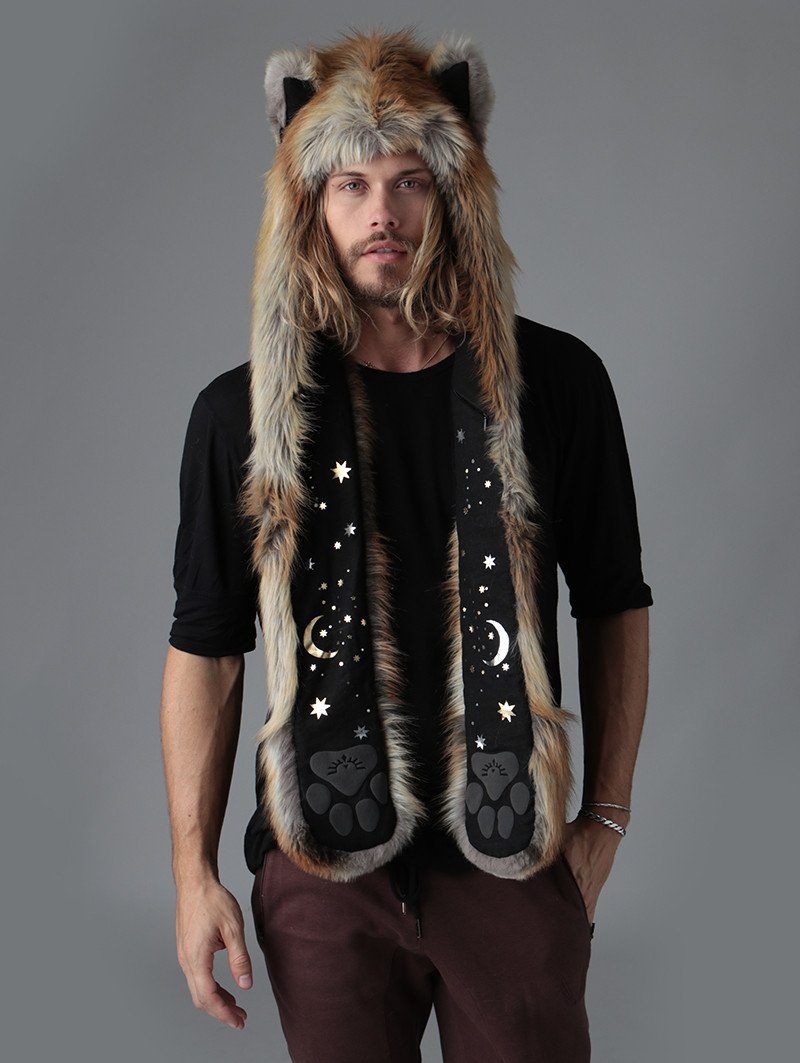 Man wearing faux fur Cosmic Fox SpiritHood, front view 1