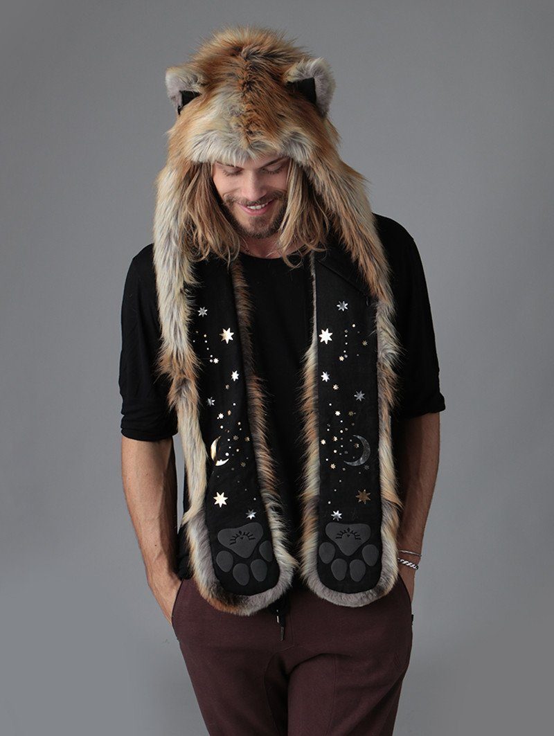 Man wearing faux fur Cosmic Fox SpiritHood, front view 3