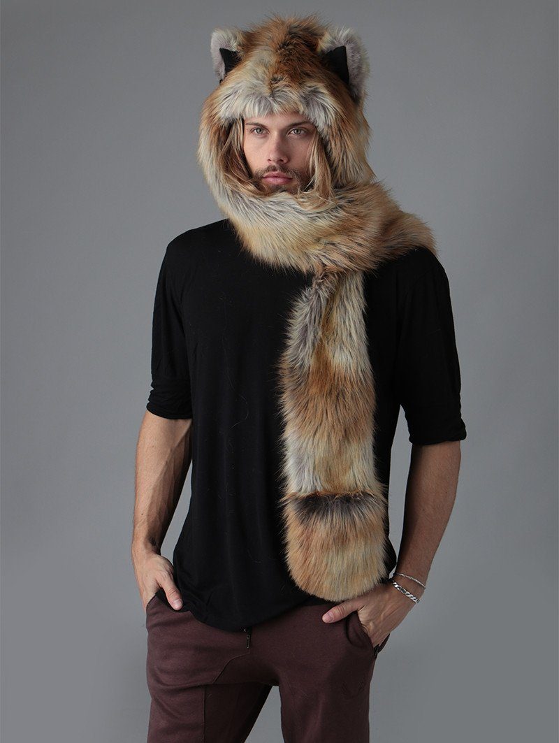 Man wearing faux fur Cosmic Fox SpiritHood, front view 4