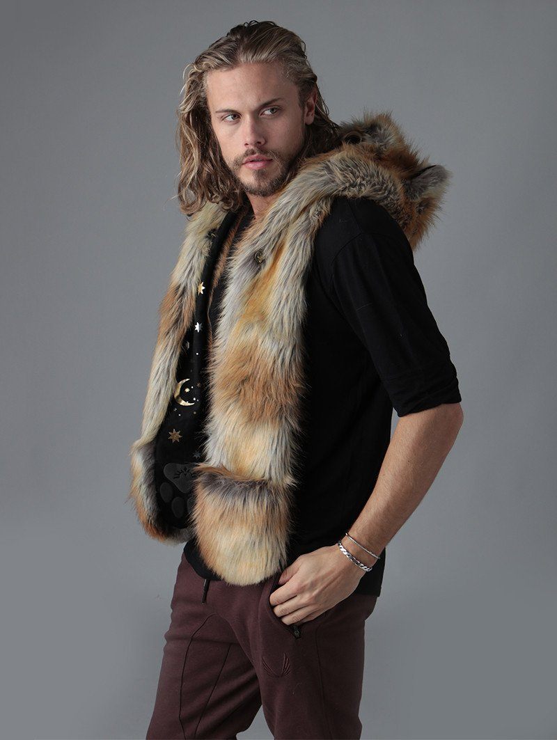 Man wearing faux fur Cosmic Fox SpiritHood, side view 1