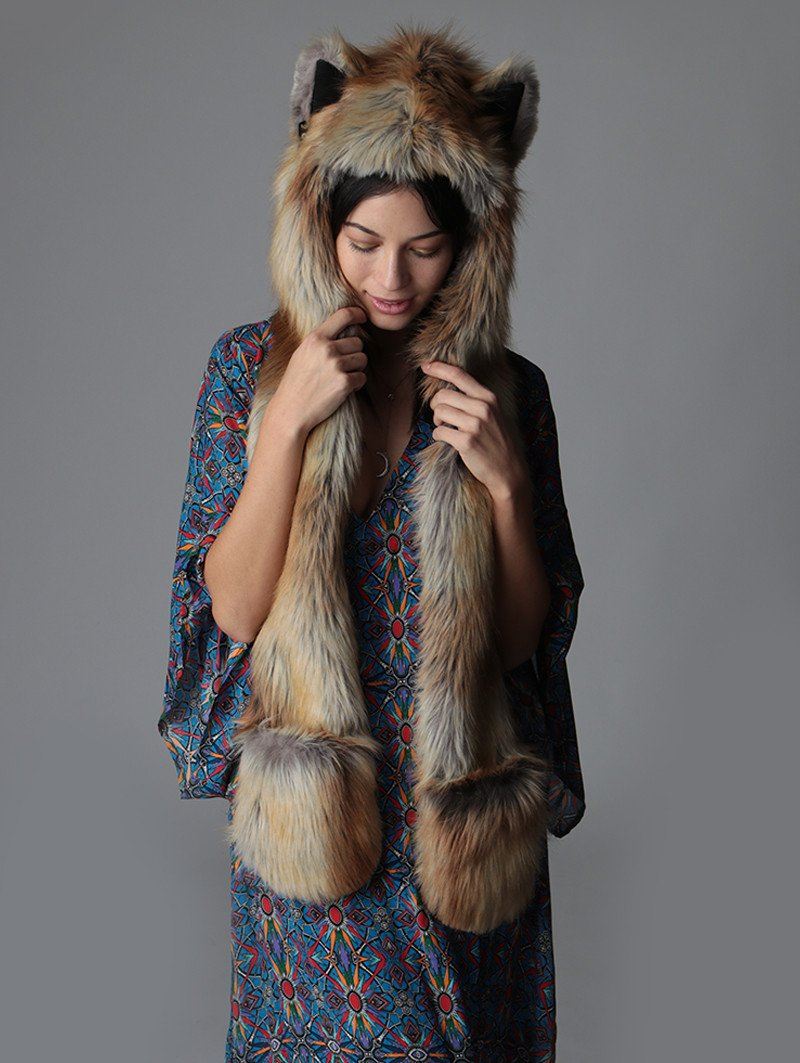Woman wearing faux fur Cosmic Fox SpiritHood, front view 1