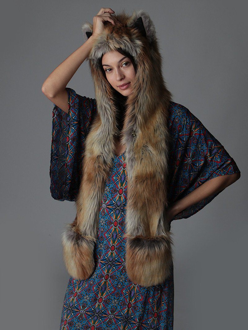  Woman wearing faux fur Cosmic Fox SpiritHood, front view 3