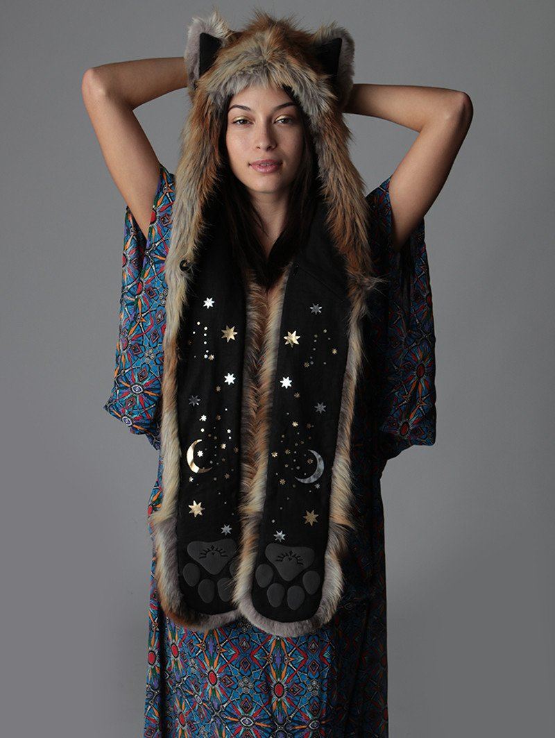 Woman wearing faux fur Cosmic Fox SpiritHood