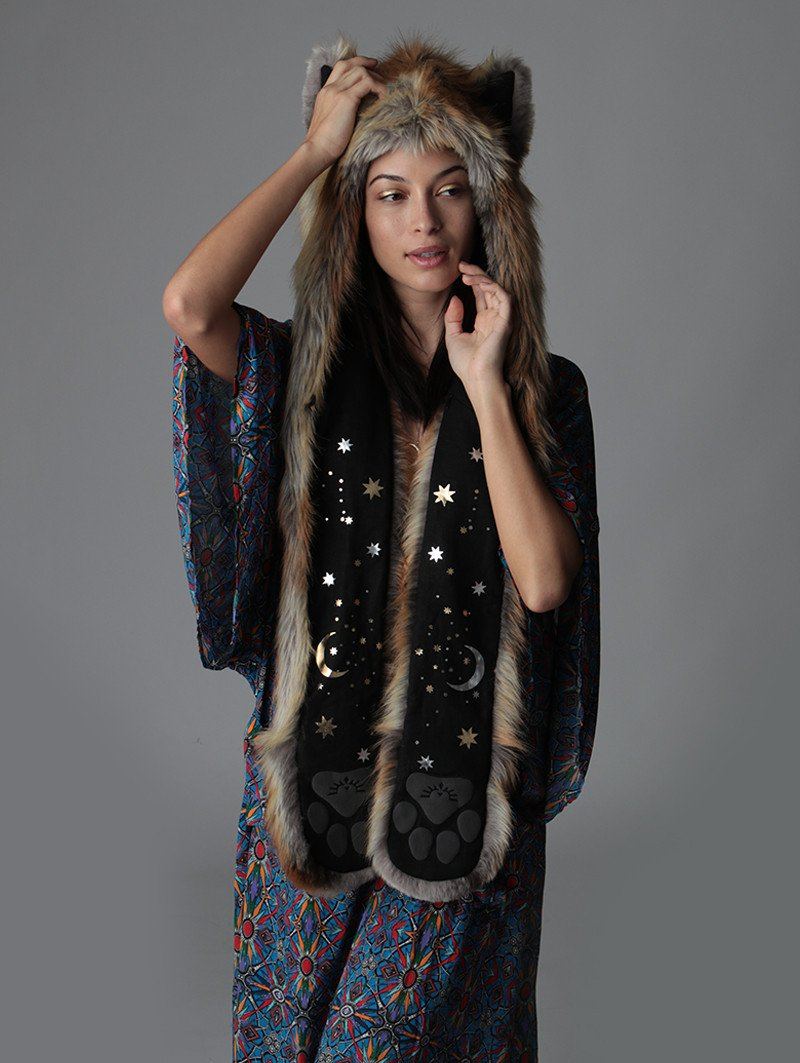 Woman wearing faux fur Cosmic Fox SpiritHood, front view 2
