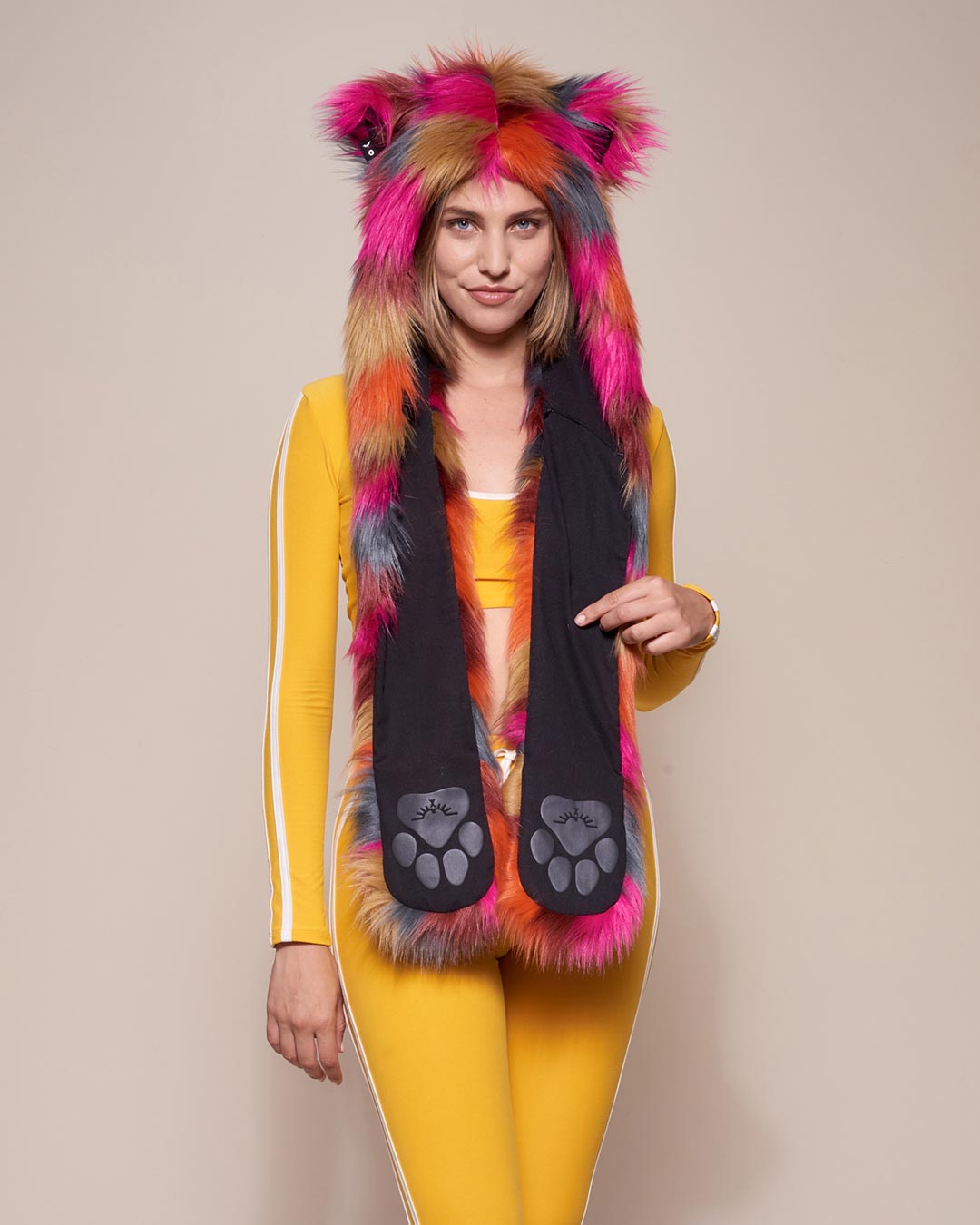 Woman wearing Calico Leopard Collector Edition Faux Fur Hood, front view