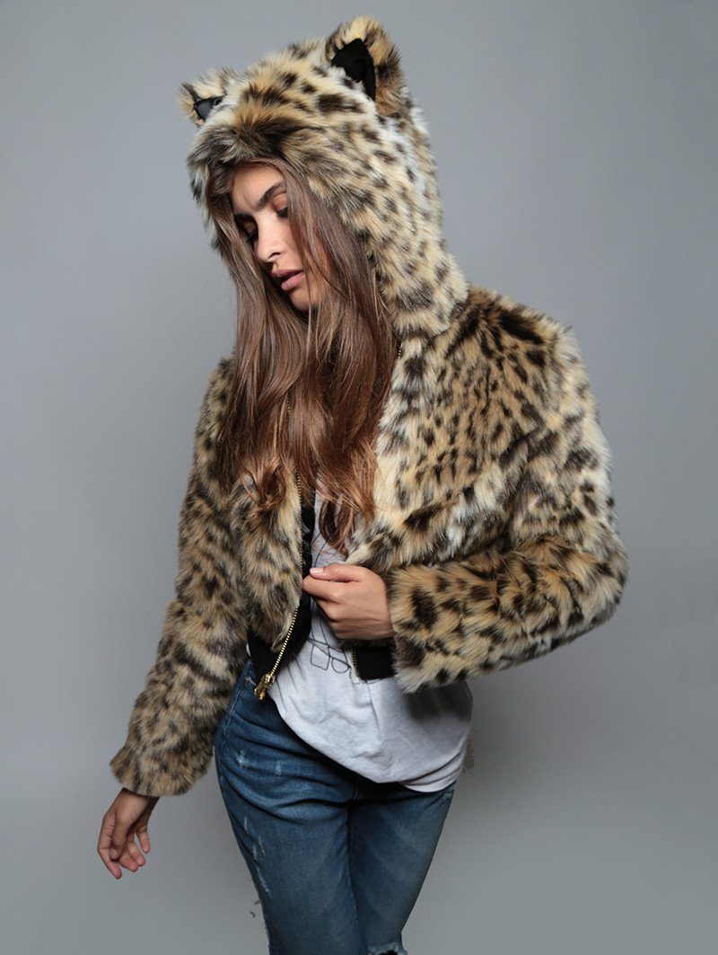Woman wearing faux fur Cheetah Crop Jacket SpiritHood