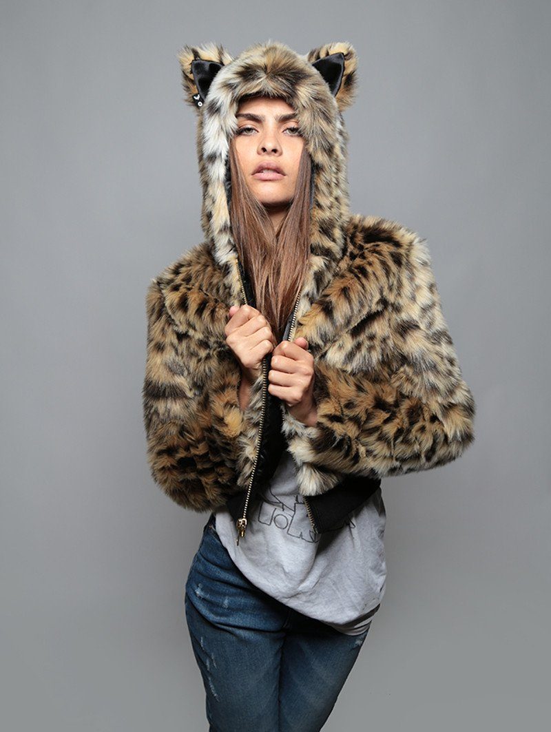 Woman wearing faux fur Cheetah Crop Jacket SpiritHood, front view