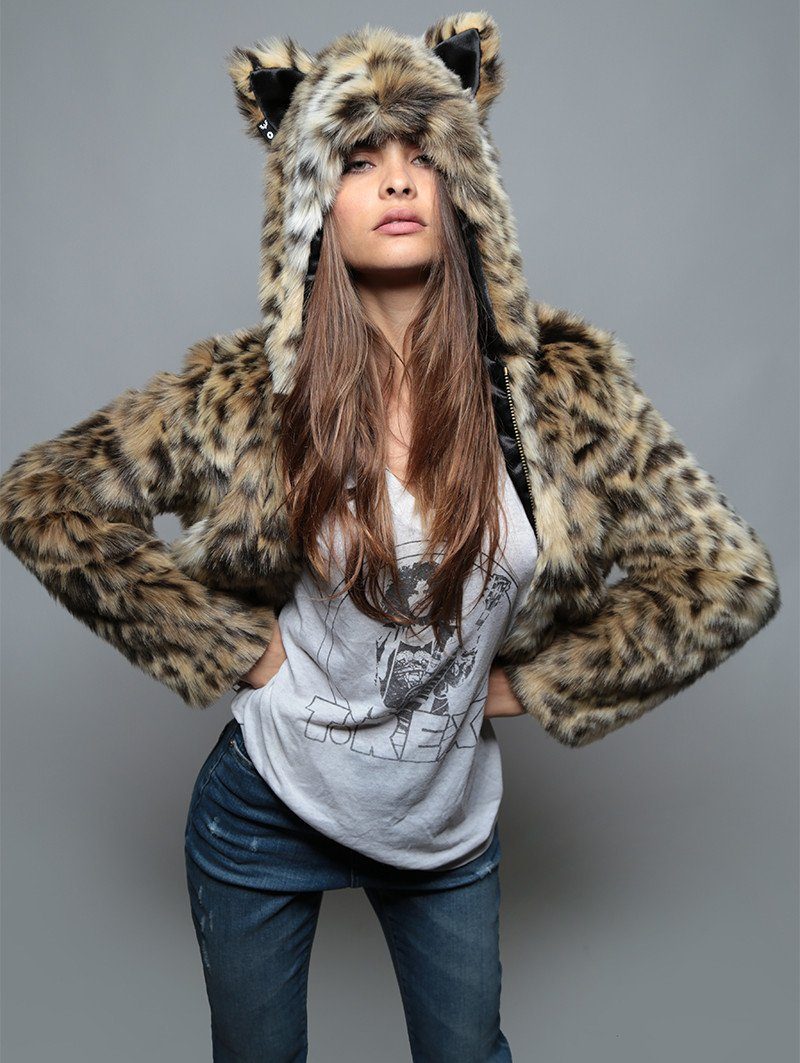 Woman wearing faux fur Cheetah Crop Jacket SpiritHood, front view 4