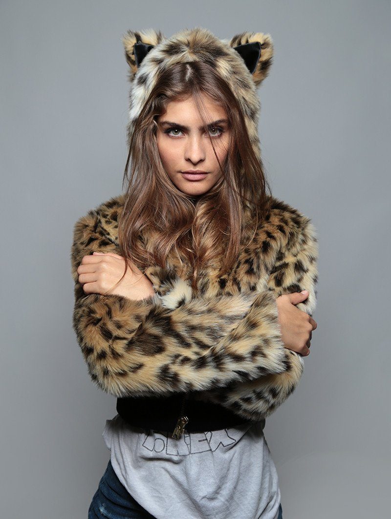 Woman wearing faux fur Cheetah Crop Jacket SpiritHood, front view 1