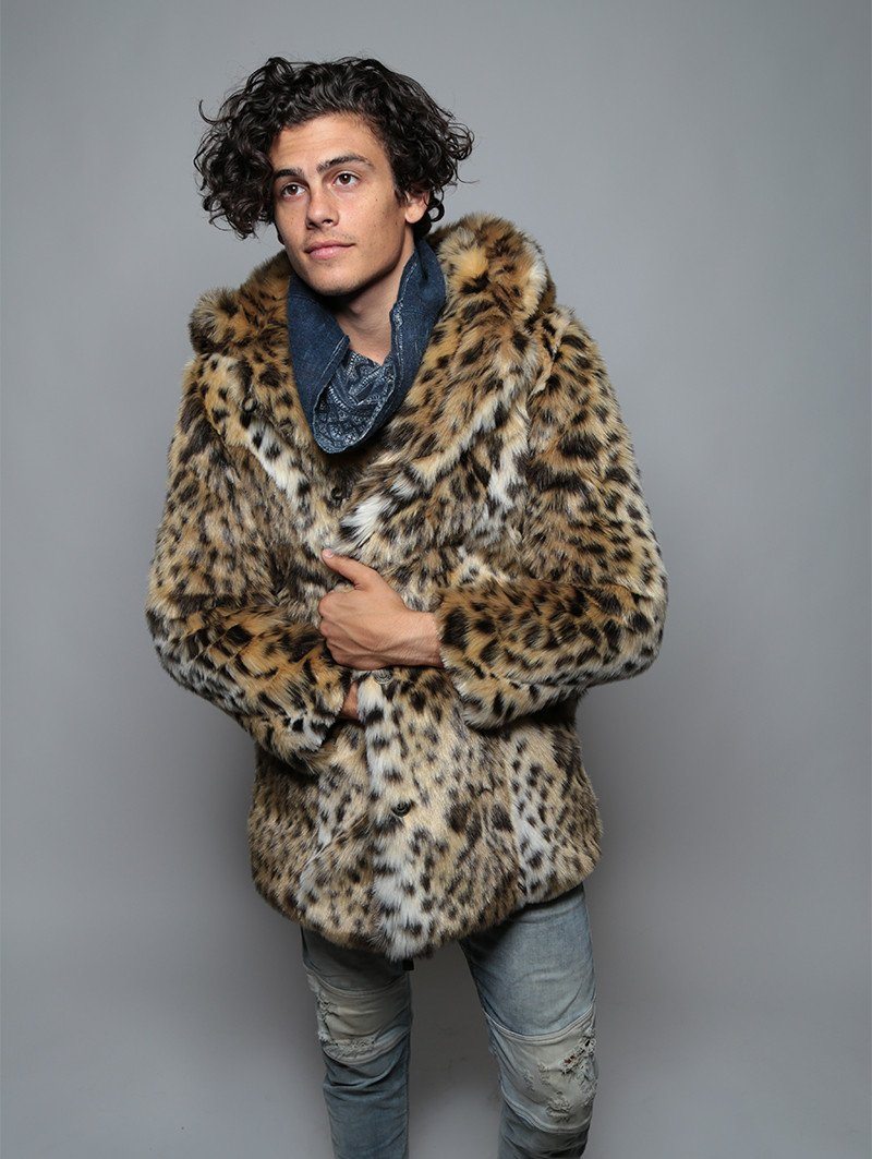 Man wearing Cheetah Faux Fur Coat, side view 1